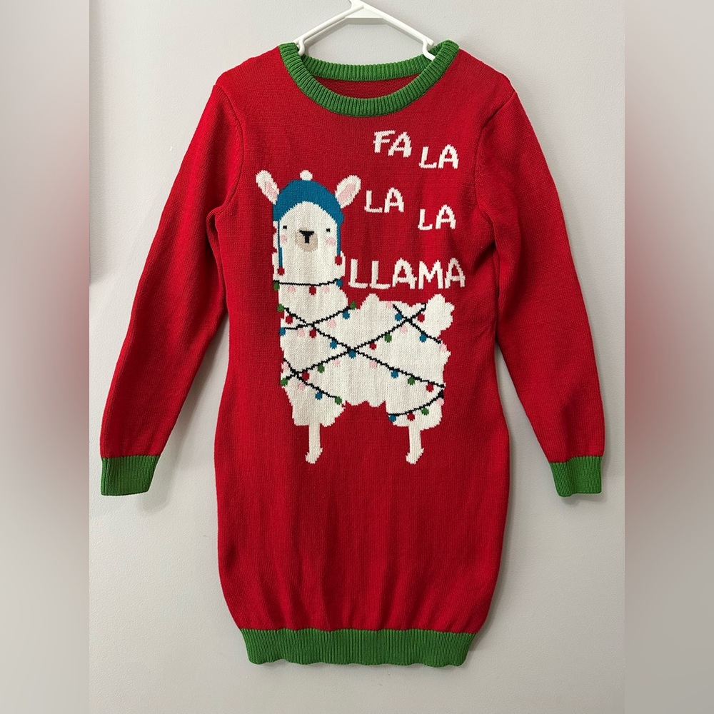 Christmas Sweater Cute Long Dress Women’s Ugly  Red Fa La La Llama Lights Size M